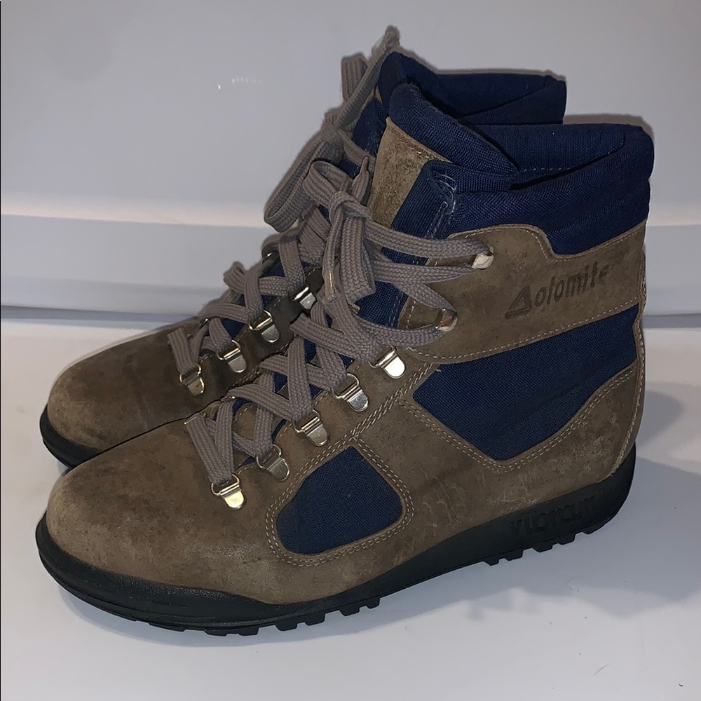 Vintage Dolomite Hiking Boots Brown Leather Blue Canvas Men’s Size 41 US 8
